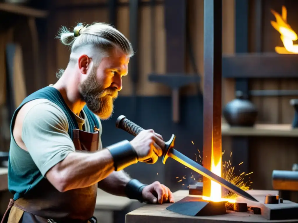 Un artesano hábil forja réplicas modernas de armas vikingas en un taller tradicional