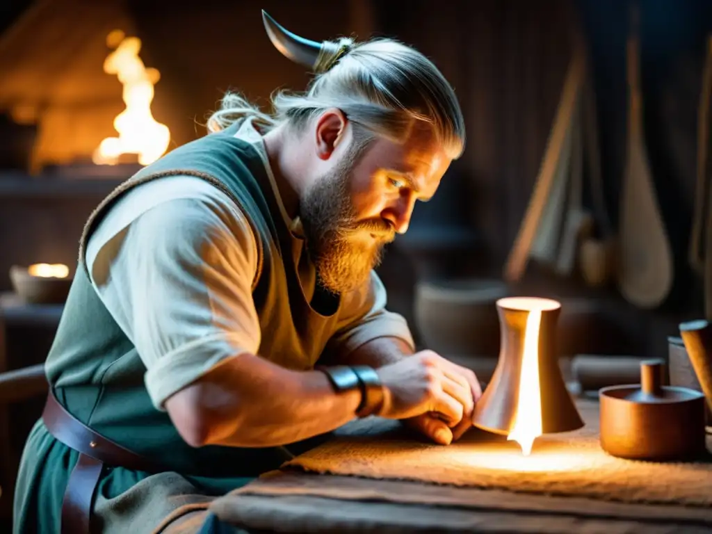 Un artesano crea una reproducción fidedigna de una vestimenta vikinga en un taller con luz tenue, transportando al espectador a la época vikinga