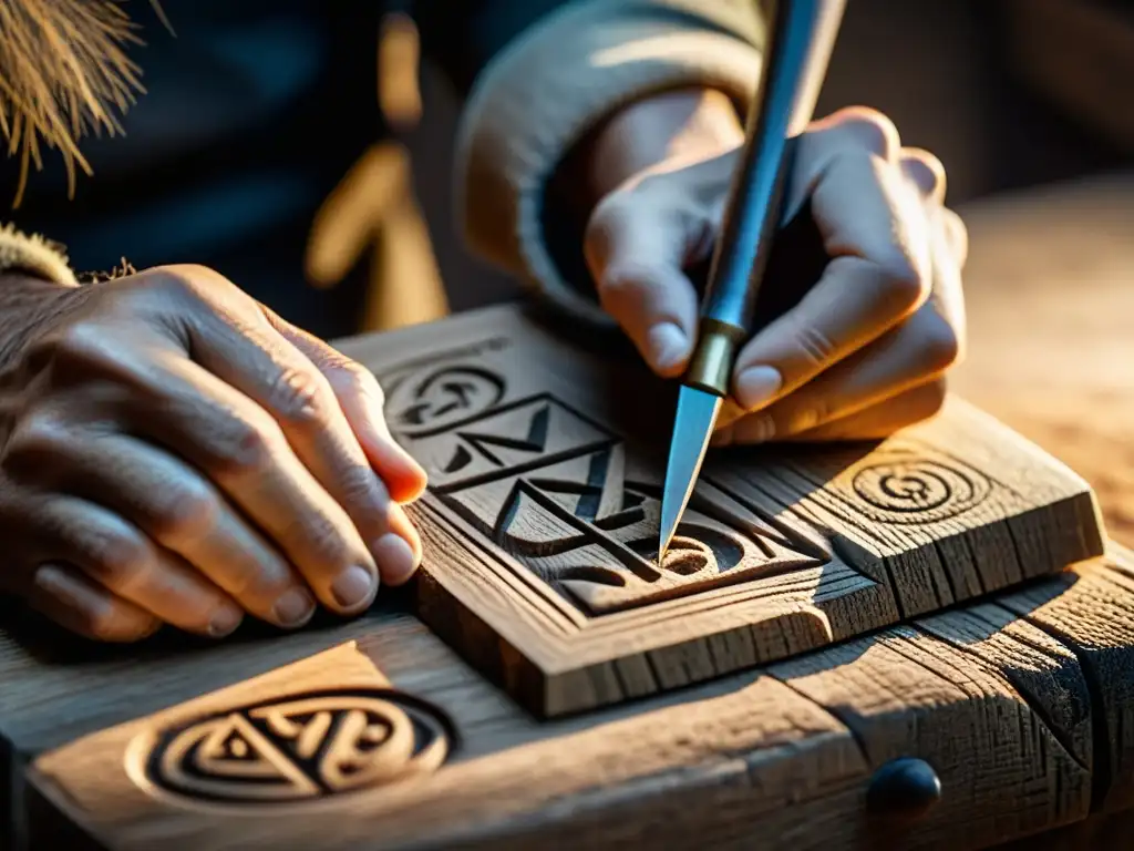 Artesano tallando símbolos rúnicos en madera de roble, destacando la artesanía y tradición de la Escritura Rúnica personalizada