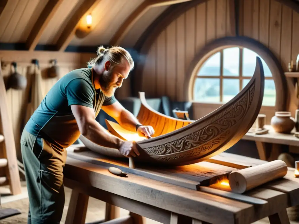 Artesano vikingo tallando una nave en roble: detalle en 8k Un artesano talla con destreza una majestuosa nave vikinga en un tronco de roble en su taller escultura figuras miticas vikingas