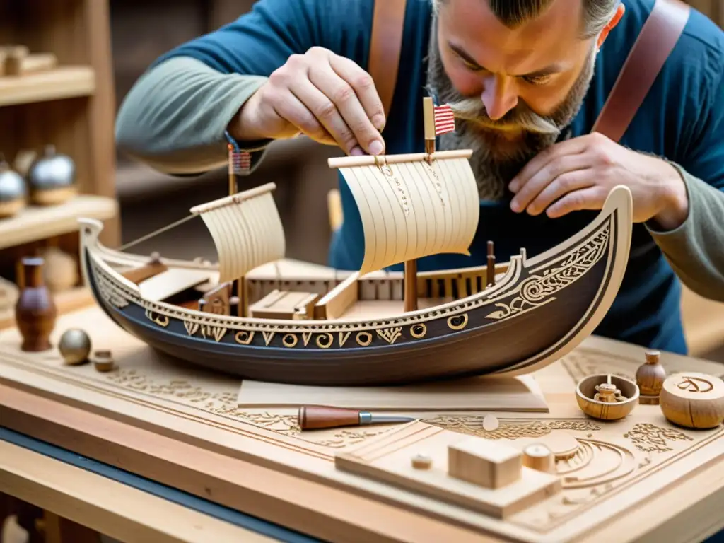 Un artesano talla con destreza un modelo perfecto de barco vikingo, rodeado de herramientas y virutas de madera