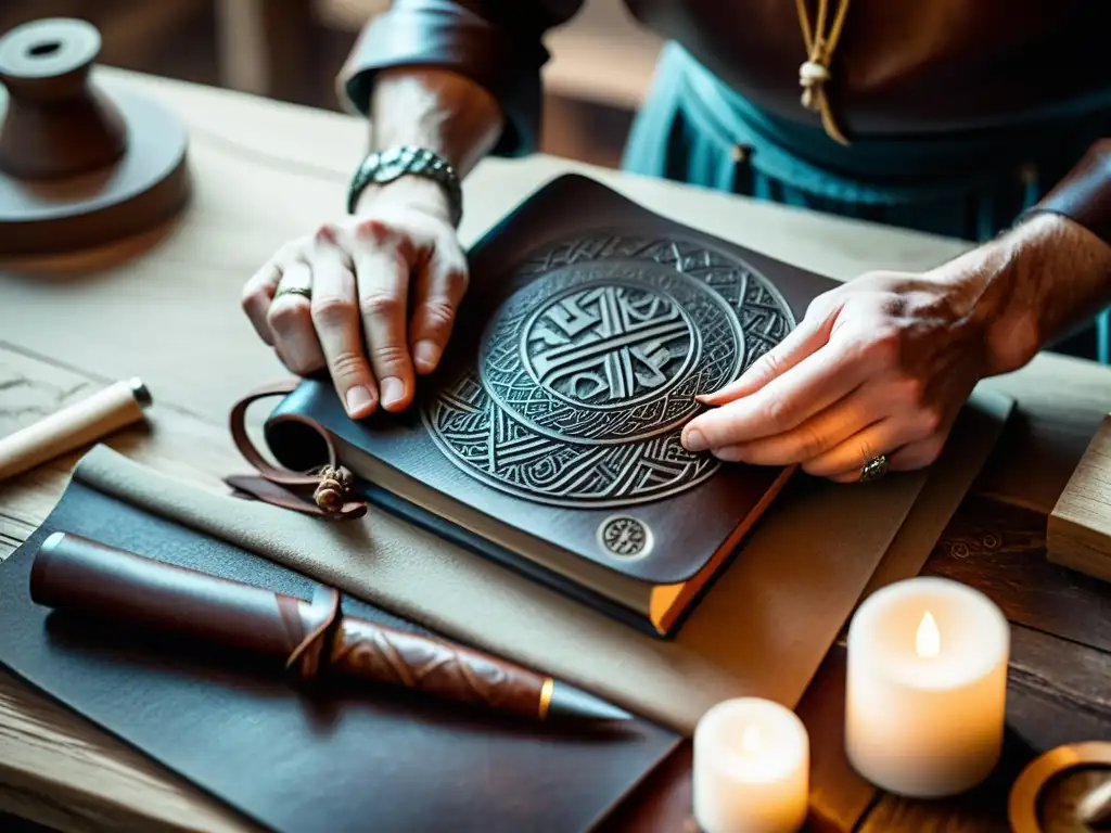 Un artesano talla con destreza runas vikingas en una cubierta de libro de cuero, en un taller atmosférico