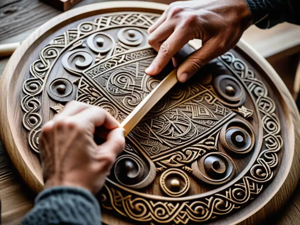 Un artesano talla con destreza símbolos vikingos en un escudo de madera, mostrando la artesanía antigua