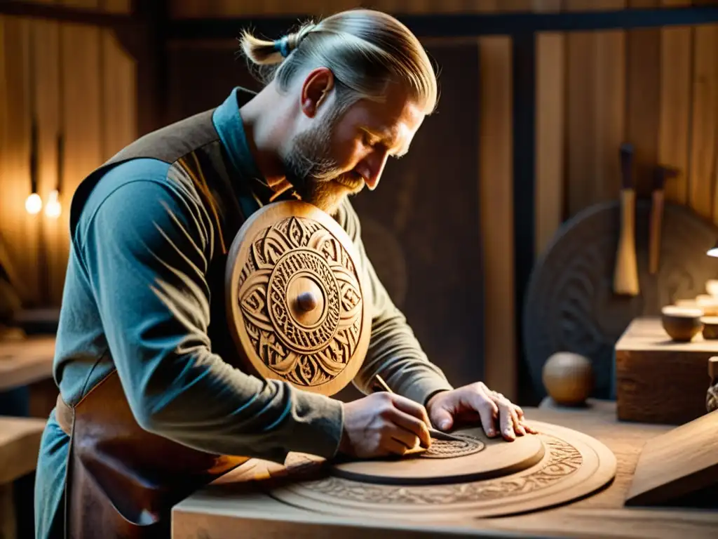 Un artesano talla diseños vikingos en un escudo de madera en su taller, creando artesanías vikingas tradicionales contemporáneas