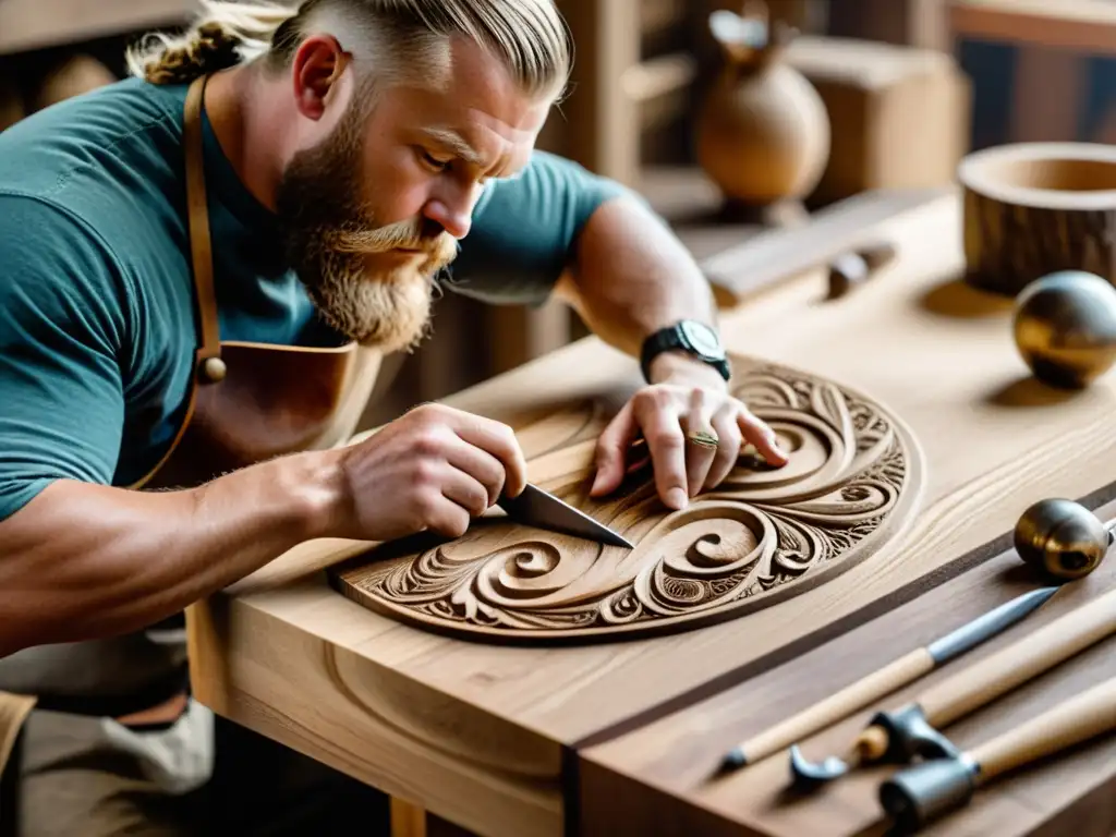 Artesano vikingo tallando con precisión Un artesano talla con maestría una figura vikinga en madera en su taller