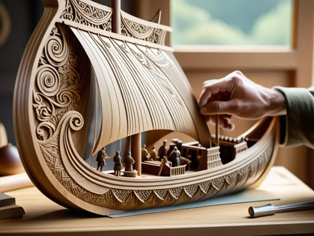 Tallando una nave vikinga: arte y tradición en madera Un artesano talla una majestuosa nave vikinga en un taller lleno de figuras miticas vikingas esculpidas en madera