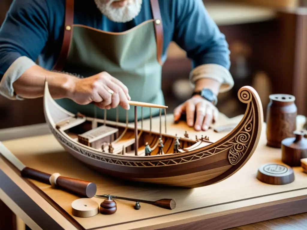 Un artesano talla con maestría un modelo detallado de un barco vikingo en madera