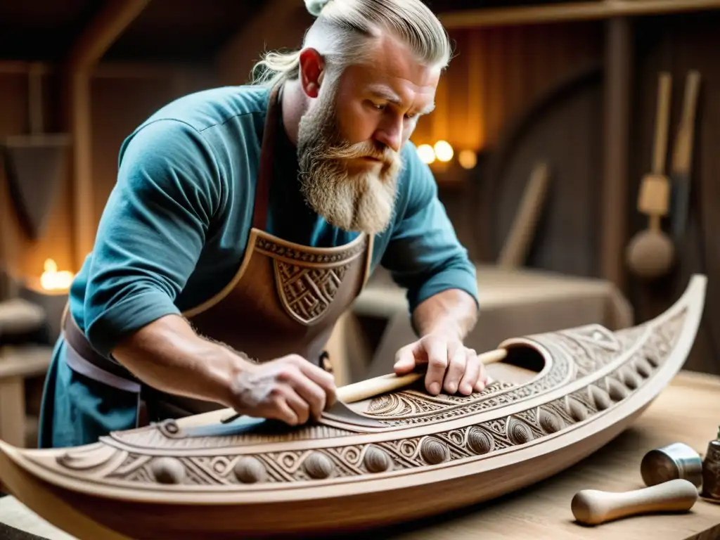 Un artesano talla con pasión una réplica de un drakkar vikingo, destacando la reconstrucción moderna del arte vikingo