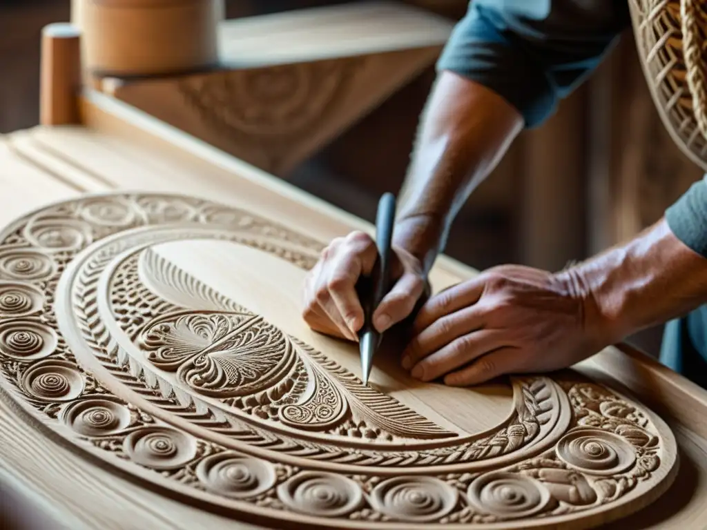 Un artesano talla patrones en el casco de un barco vikingo con herramientas tradicionales, mostrando las técnicas de mantenimiento de barcos vikingos