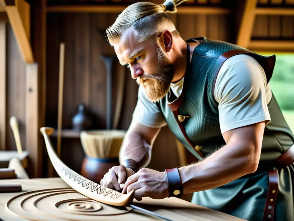 Un artesano talla con precisión patrones vikingos en una réplica de arco vikingo, mostrando la artesanía y dedicación en cada detalle