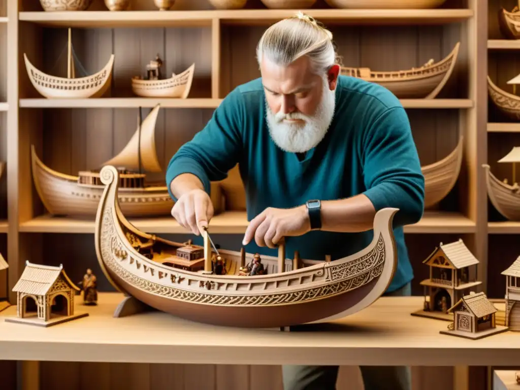 Un artesano talla con precisión un modelo de barco vikingo rodeado de figurillas y modelos vikingos ediciones limitadas