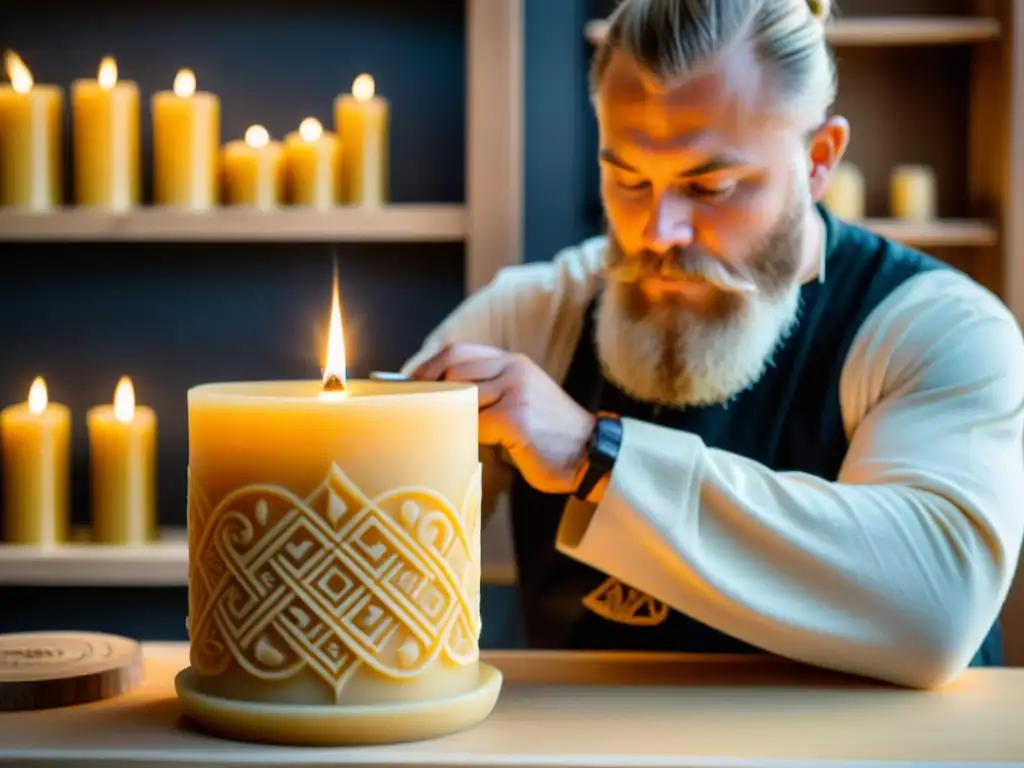 Un artesano talla símbolos vikingos en una vela de cera de abeja, mostrando precisión y tradición en la fabricación de velas vikingas