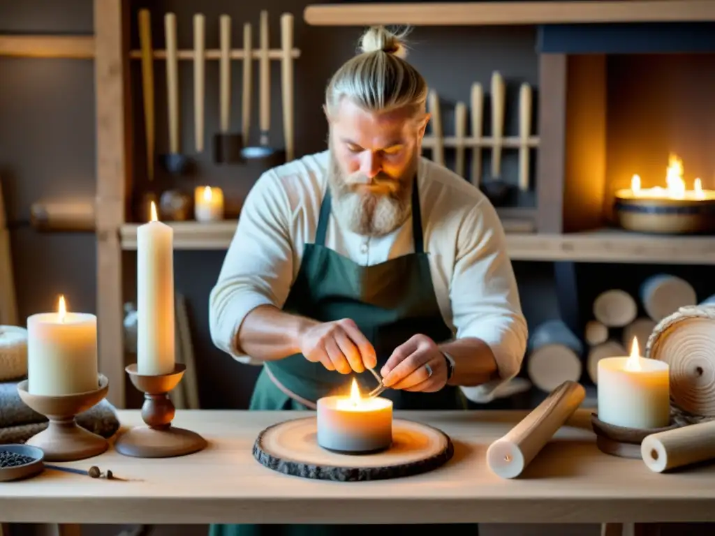 Artesano en taller fabricación velas estilo nórdico, concentrado en detalle de vela recién hecha con técnicas ancestrales