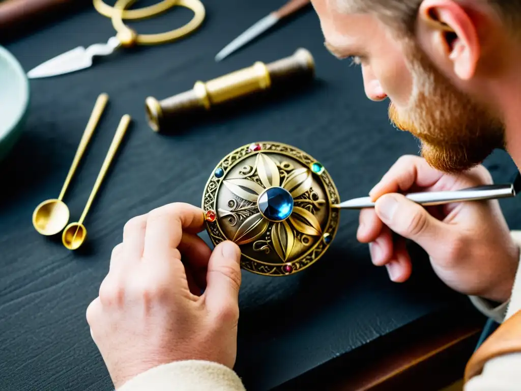 Artesano restaurando con técnicas ancestrales una broche vikingo, mostrando la delicada filigrana y las gemas