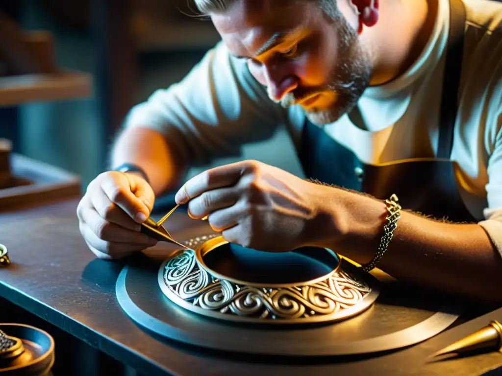 Un artesano restaura con técnicas ancestrales una joya vikinga, resaltando su exquisita artesanía en un taller histórico