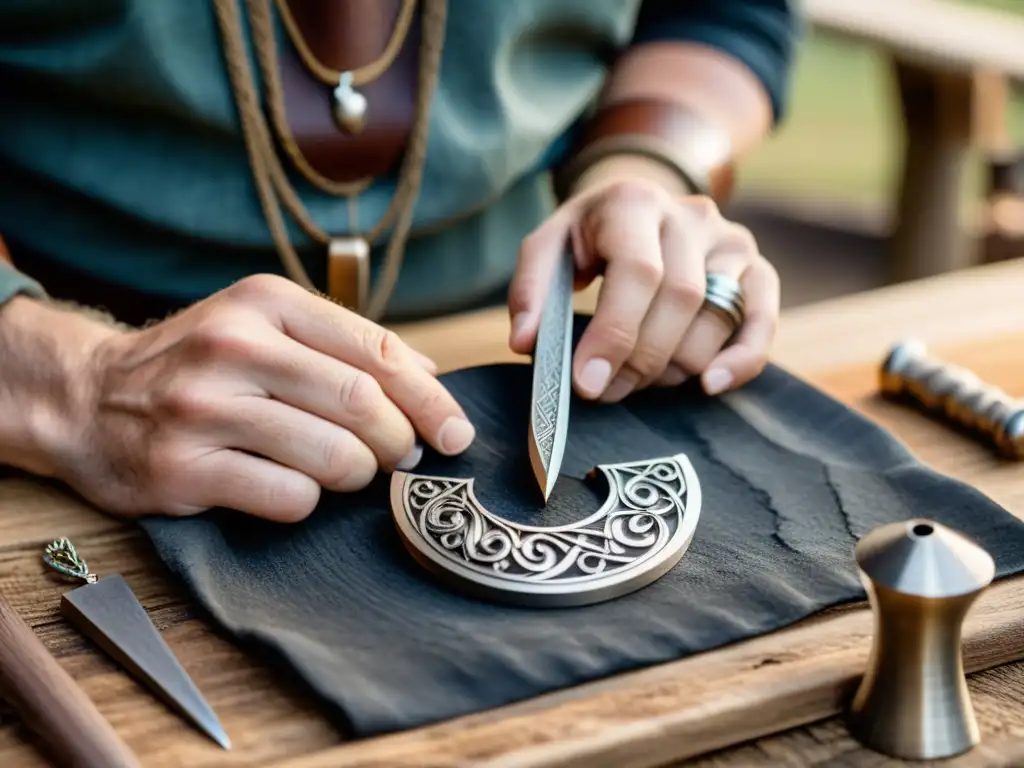 Un artesano vikingo crea accesorio moderno inspirado en vikingos, fusionando técnicas antiguas con diseño contemporáneo