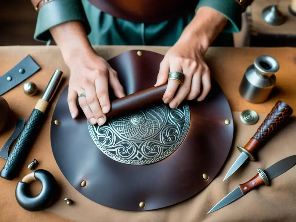 Un artesano vikingo crea accesorios de cuero en su taller rústico