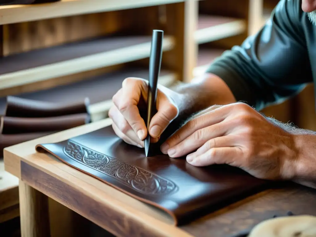 Un artesano vikingo creando accesorios de cuero con detalle y pasión en su taller rústico