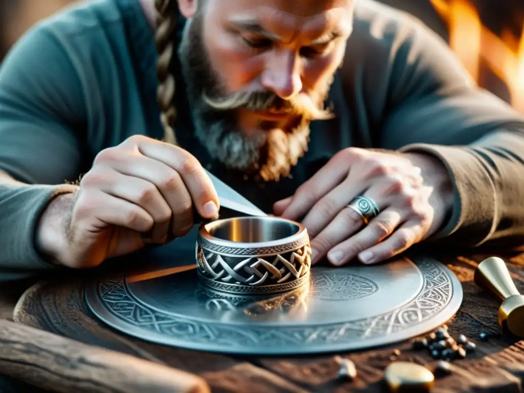 Un artesano vikingo crea un anillo de compromiso eterno, rodeado de símbolos antiguos y herramientas tradicionales