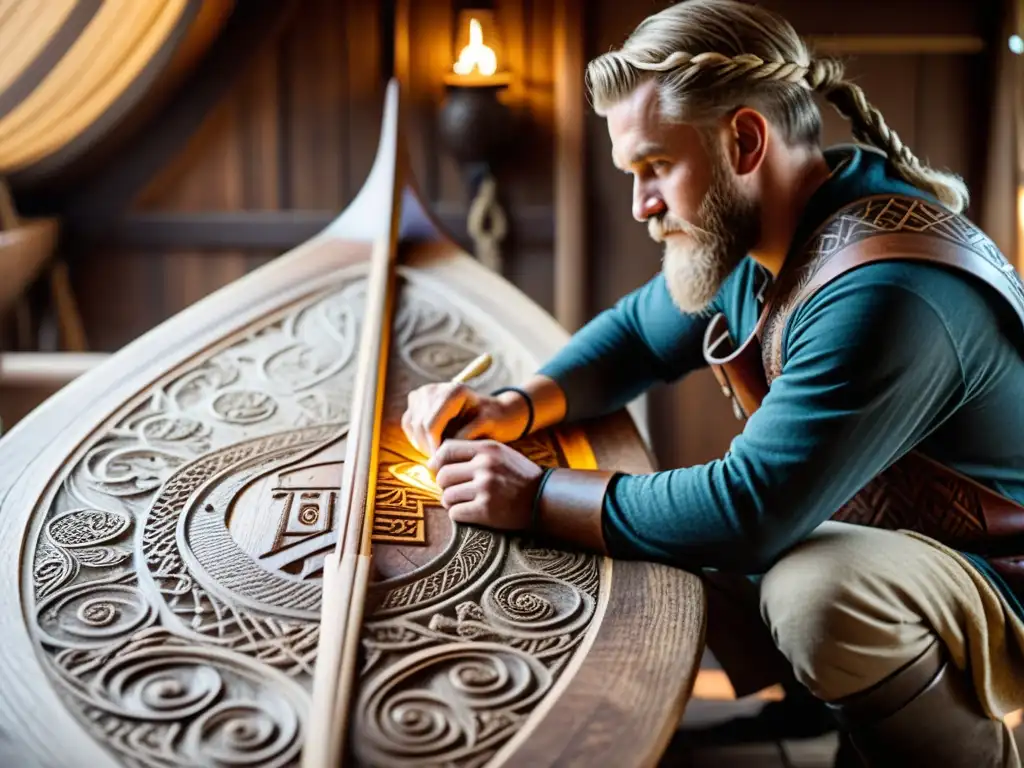 Artesano restaurando drakkar vikingo auténtico con símbolos nórdicos en madera en taller iluminado