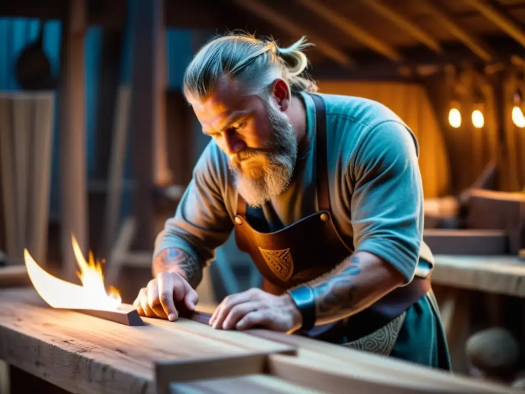 Artesano vikingo tallando barco con Técnicas de carpintería vikinga sobrevivientes, bajo luz de antorcha