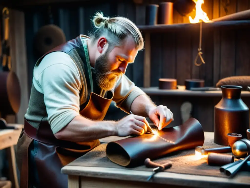 Un artesano vikingo cosiendo botas en su taller iluminado por el fuego