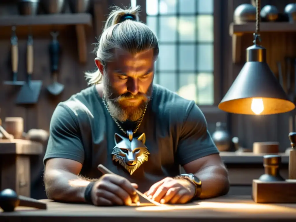 Artesano vikingo forjando colgante de lobo en plata Un artesano vikingo crea un colgante de lobo rodeado de herramientas en un taller iluminado por la luz natural