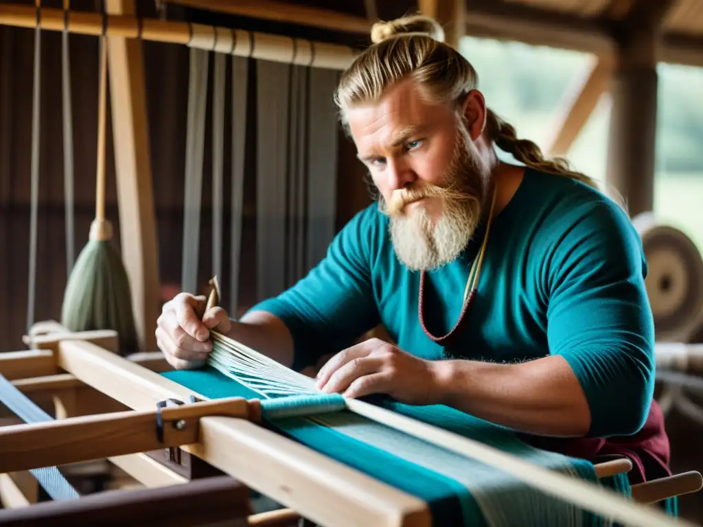 Un artesano vikingo tejiendo con dedicación en su telar, rodeado de herramientas y textiles, en un taller rústico