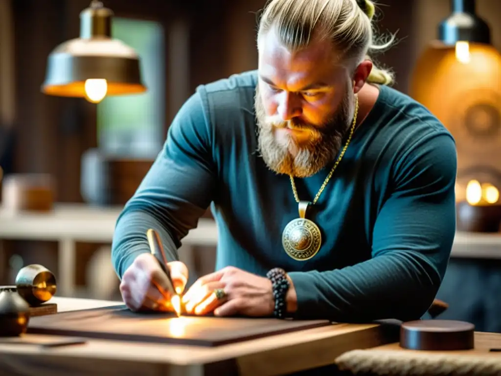 Un artesano vikingo crea con detalle un colgante rodeado de metales, madera y piedras preciosas, evocando autenticidad y estilo en la joyería vikinga