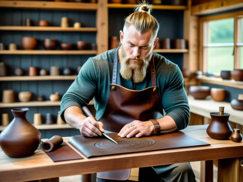 Un artesano vikingo esculpe diseños en cuero rodeado de herramientas