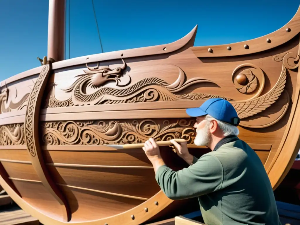 Hábil artesano vikingo tallando dragones en barco, rodeado de constructores en activo bajo cielo azul