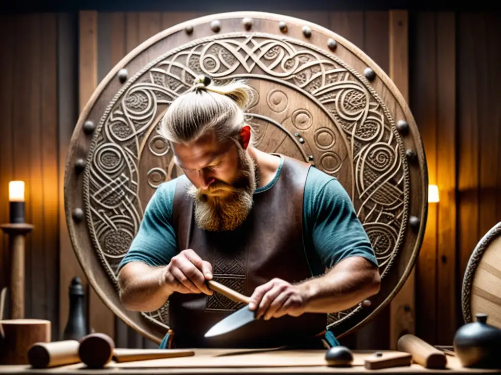 Un artesano vikingo tallando un escudo de madera con patrones intrincados, rodeado de herramientas en un taller iluminado con destellos de luz solar