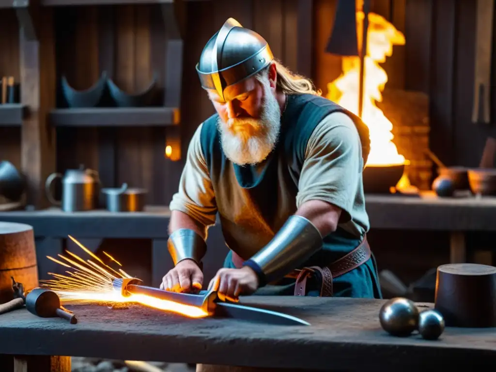 Artesano vikingo forjando una espada con patrones detallados en un taller iluminado por la fragua, rodeado de artefactos vikingos