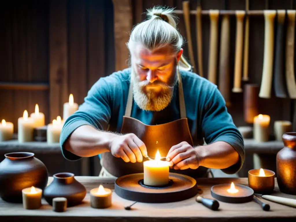 Un artesano vikingo experto en la fabricación de velas con precisión, moldeando cera con concentración en un taller histórico