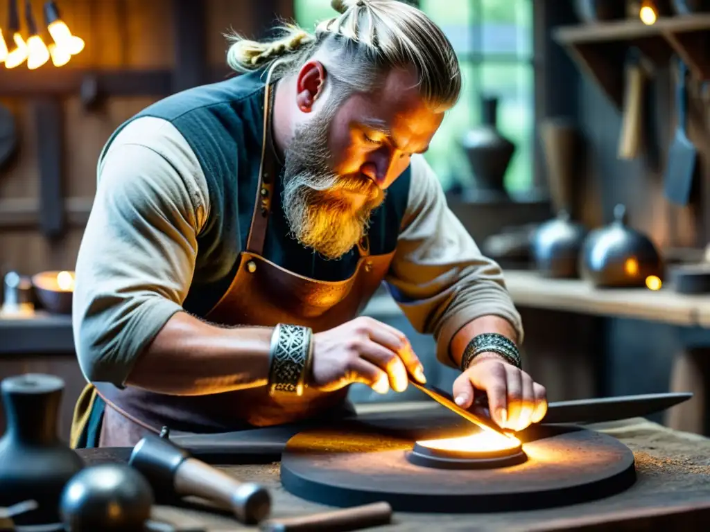 Un artesano vikingo forja joyas con materiales usados en joyas vikingas en un taller iluminado, mostrando la artesanía nórdica