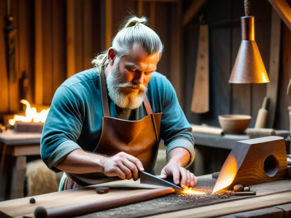 Artesano vikingo tallando madera en taller con herramientas, reflejando la artesanía vikinga única mercado norte