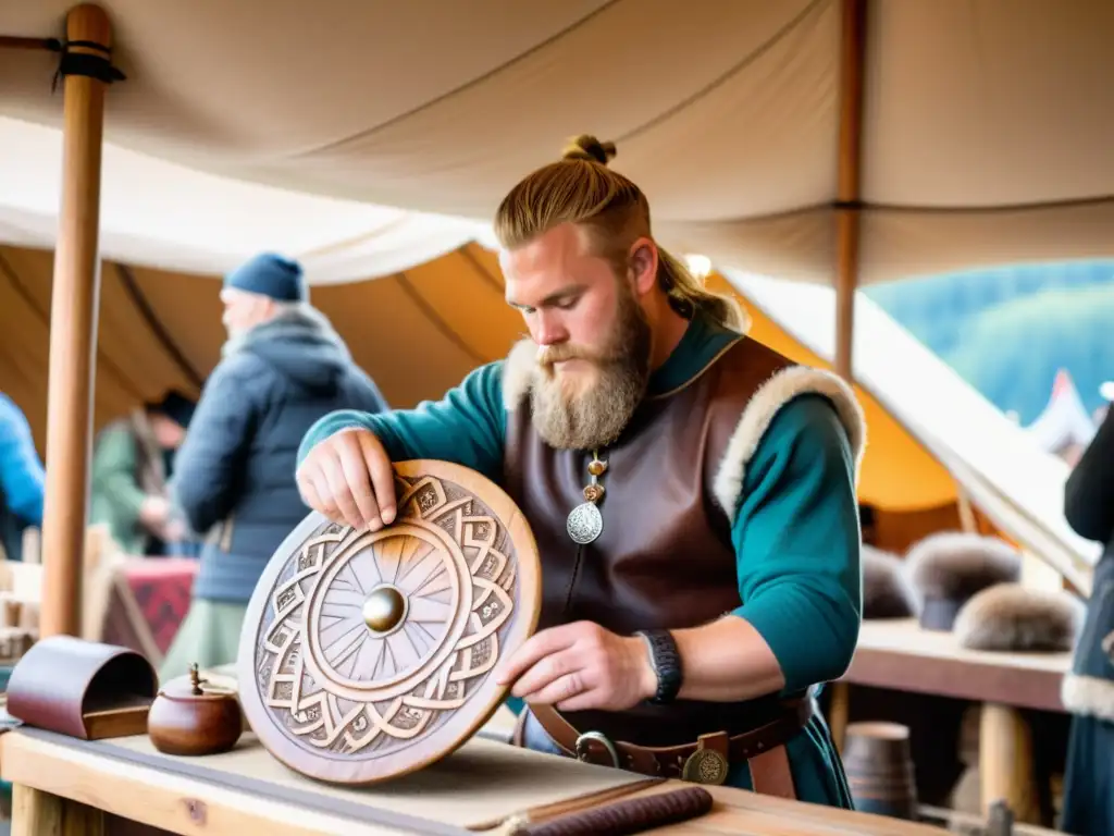 Un artesano vikingo en un mercado nórdico, tallando patrones en un escudo de madera