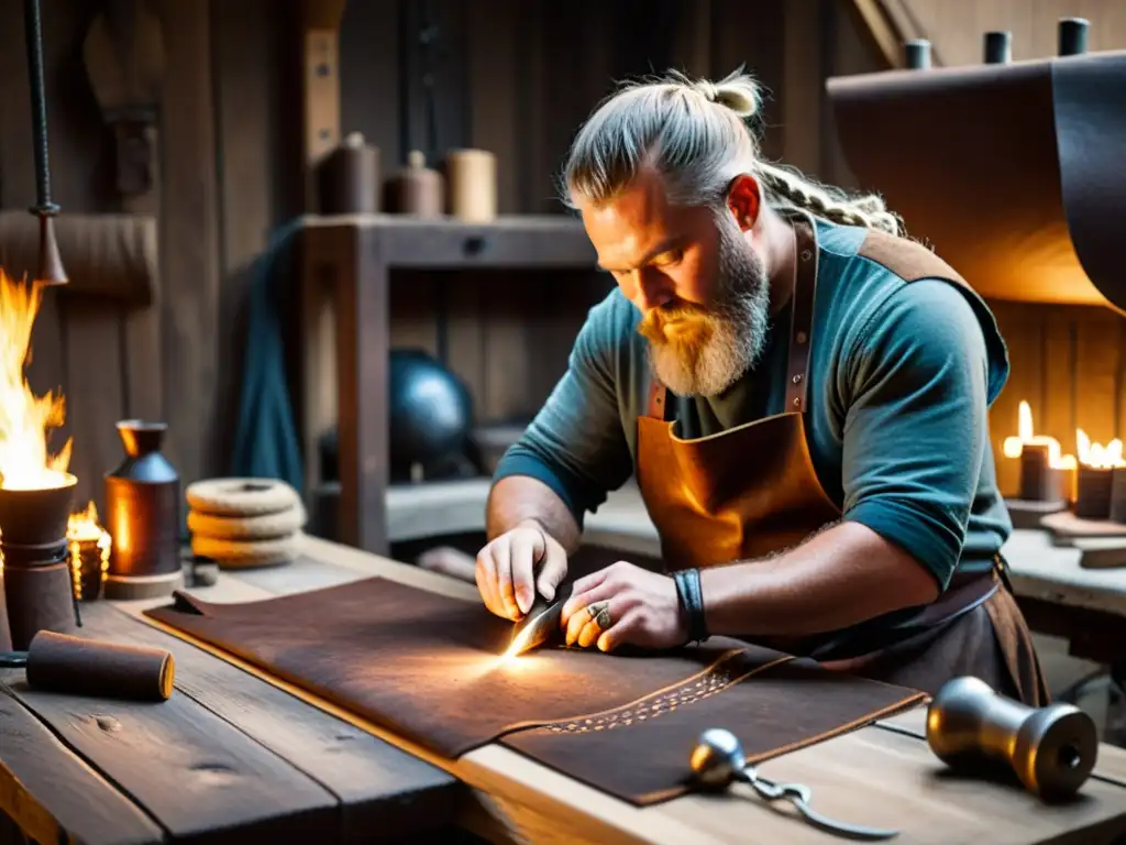 Un artesano vikingo cosiendo brók con meticulosidad en taller sombrío