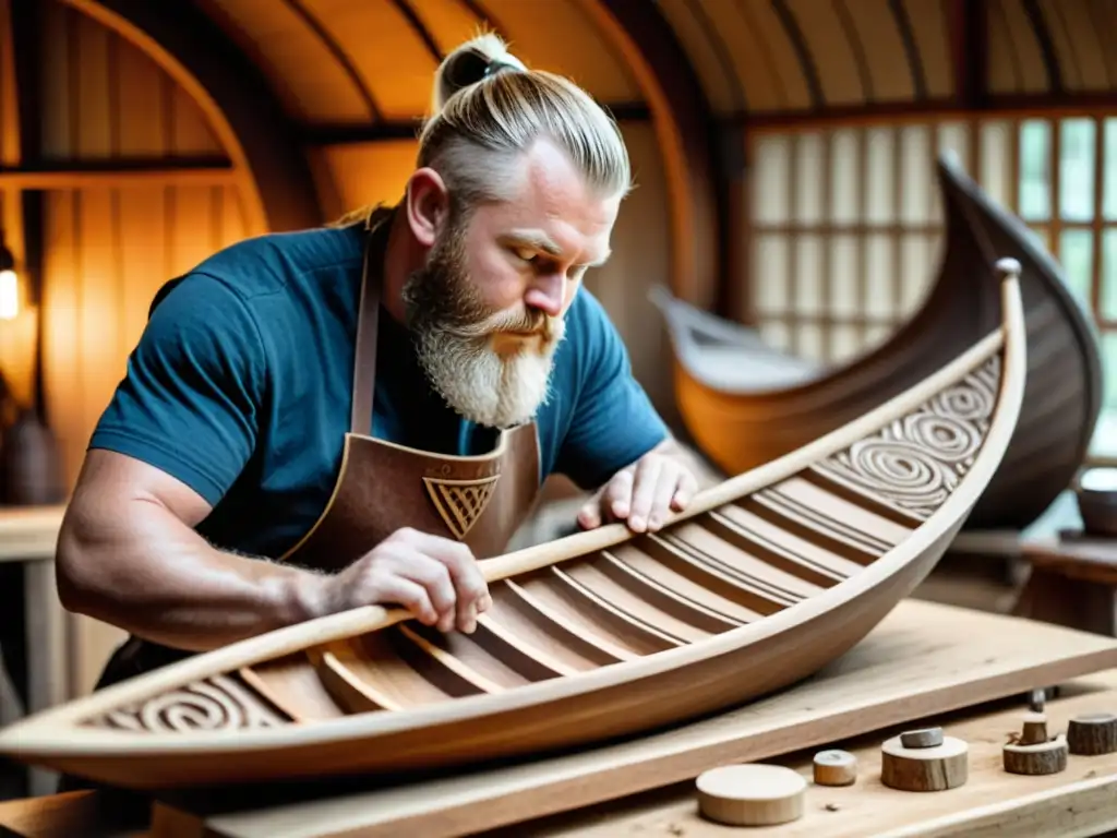 Artesano vikingo tallando una nave ancestral con herramientas antiguas