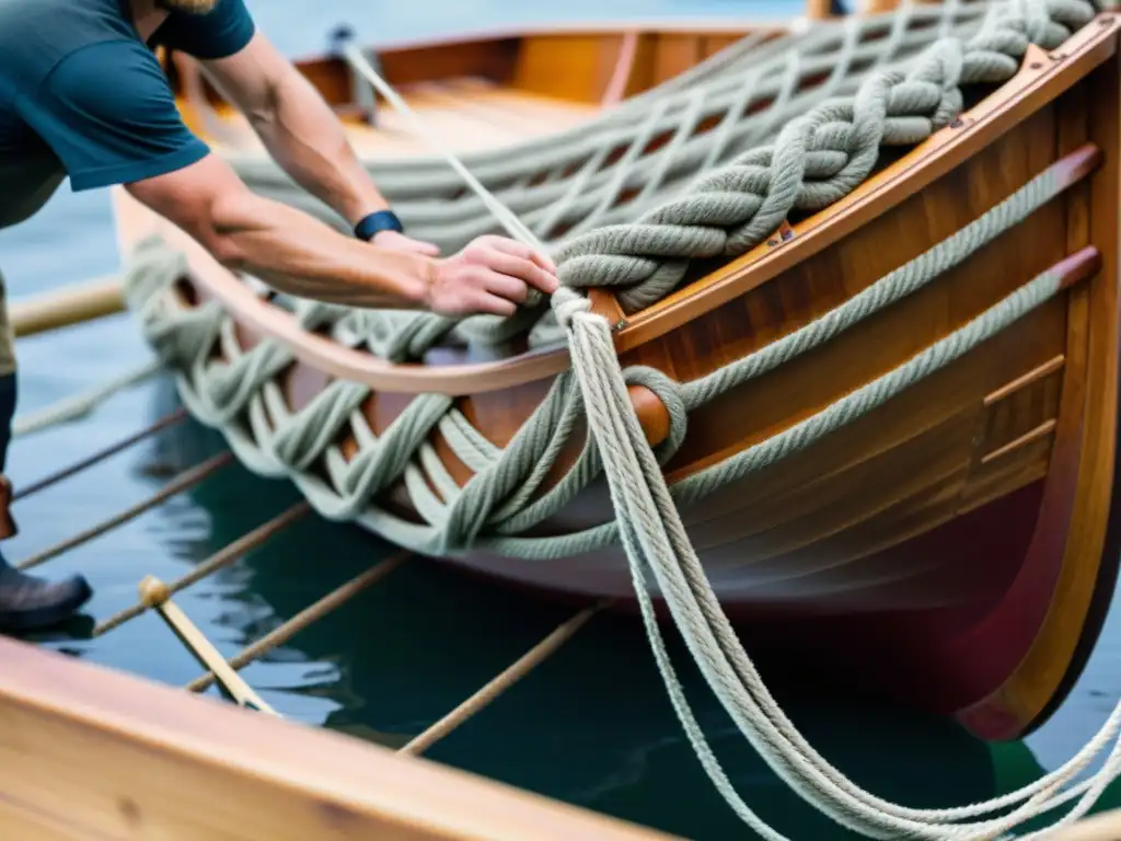 Artesano vikingo tejiendo cuerdas para barco en construcción Un artesano vikingo tejiendo nudos en la construcción de barcos vikingos, resaltando la minuciosidad y destreza en el proceso