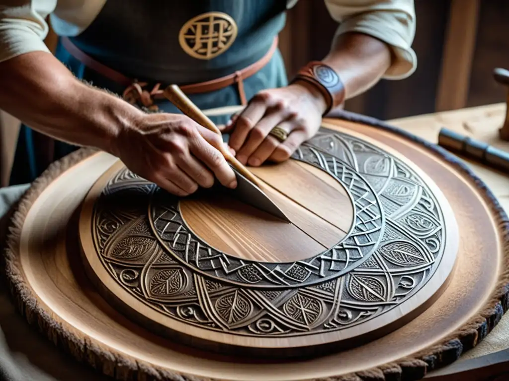 Artesano vikingo tallando patrones en escudo de madera con herramientas, en taller rústico