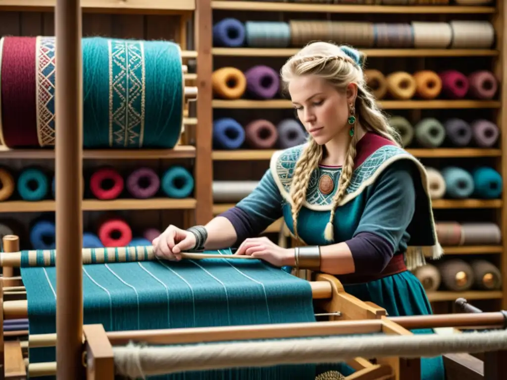 Artesano vikingo creando patrones en telar con métodos tradicionales, rodeado de lana y artefactos