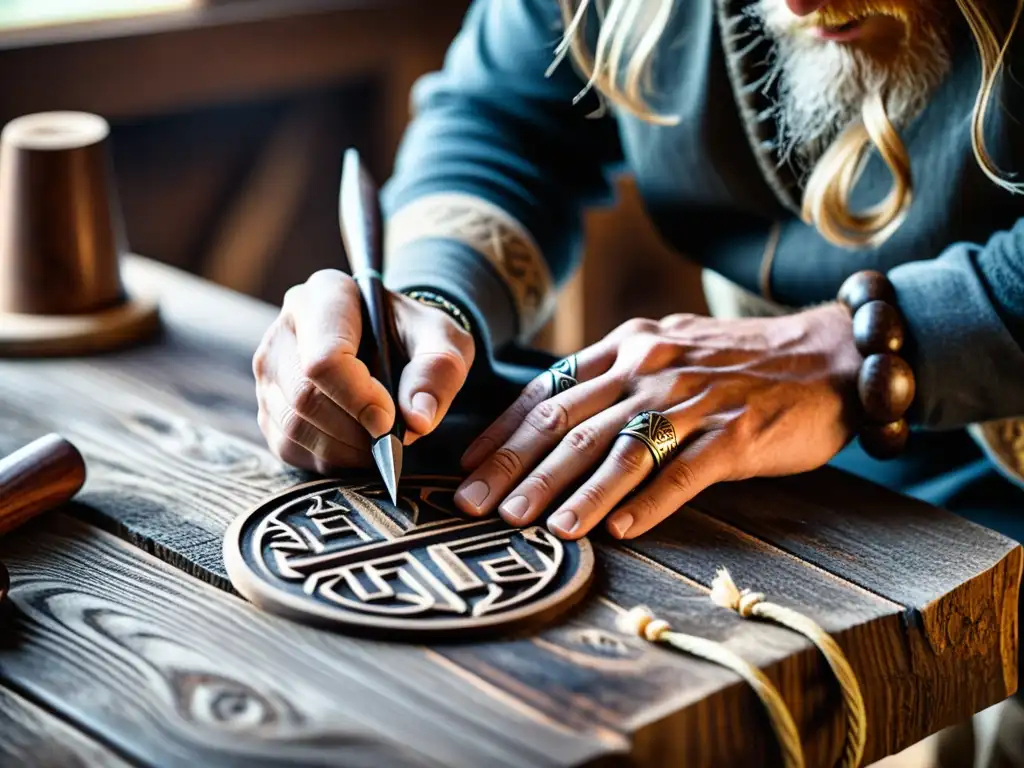 Un artesano vikingo crea una runa en madera, con anillos de plata y luz natural