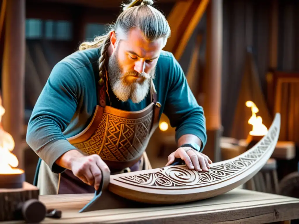 Un artesano vikingo tallando runas en un drakkar de madera, rodeado de herramientas y antorchas en un taller tenue