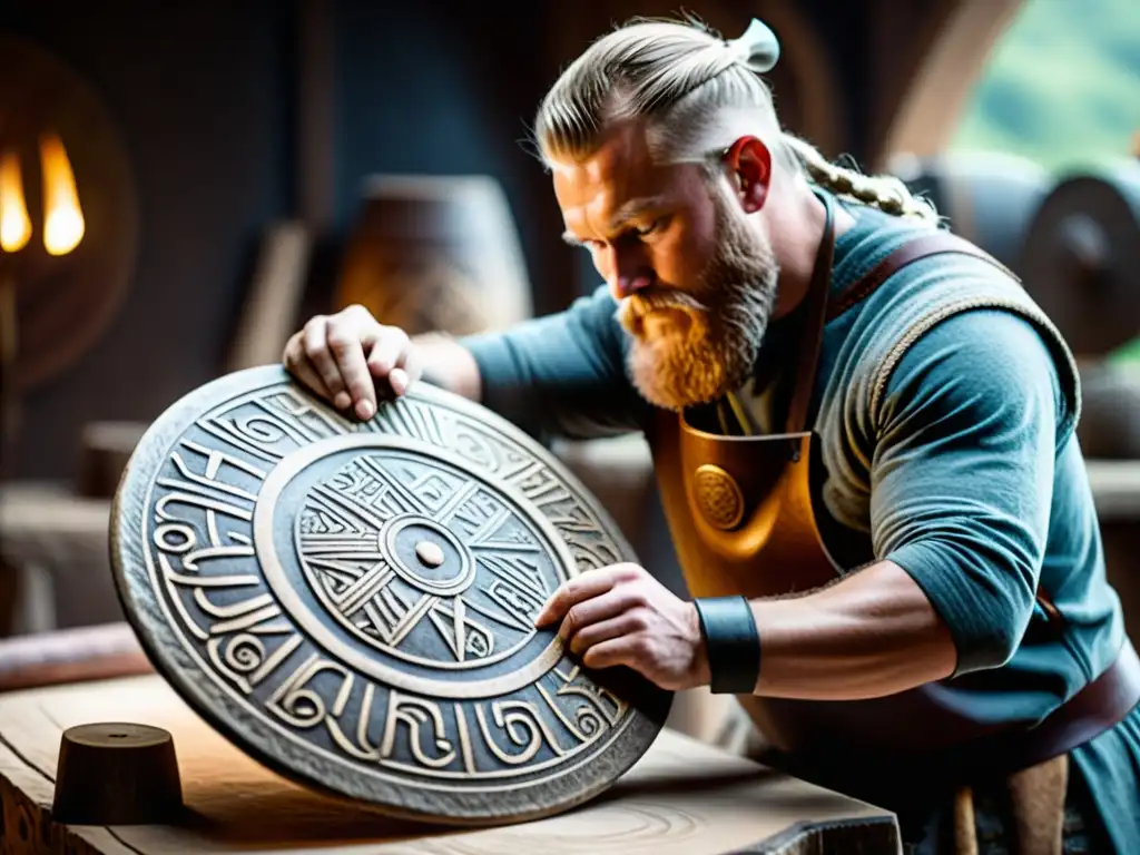 Un artesano vikingo talla intrincadas inscripciones rúnicas en un escudo