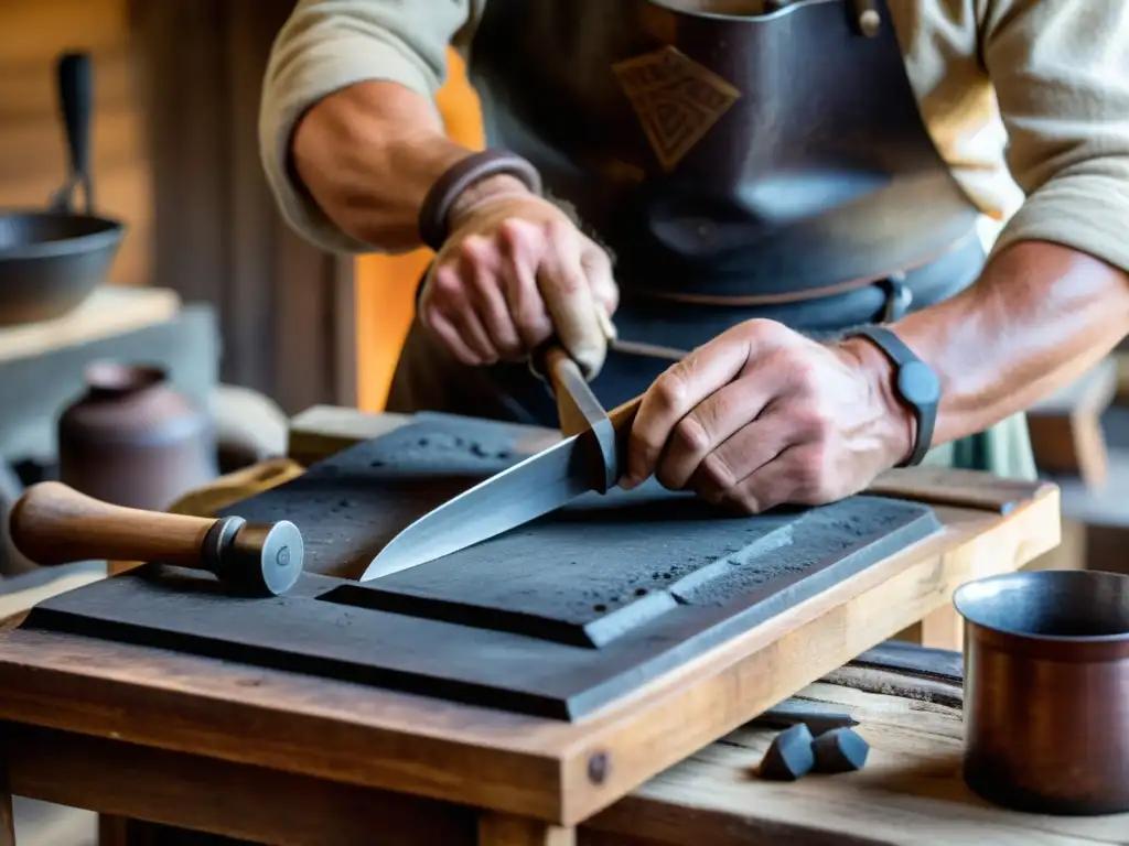 Un artesano vikingo crea utensilios domésticos funcionales con destreza en su taller rústico