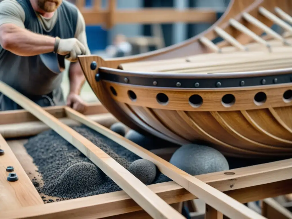Construcción de barco vikingo: maestría en madera y hierro Artesanos construyendo un barco vikingo con materiales de roble y hierro en un bullicioso astillero