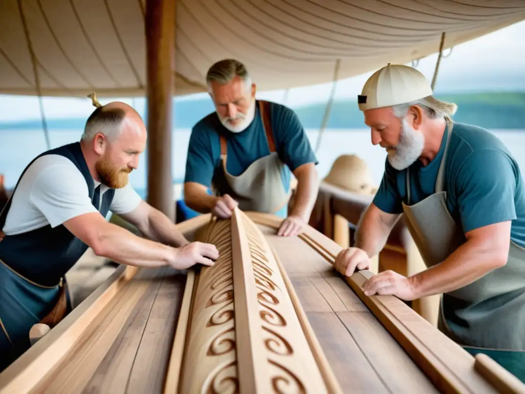 Artesanos construyendo detalladamente un barco vikingo, transmitiendo siglos de tradición y destreza