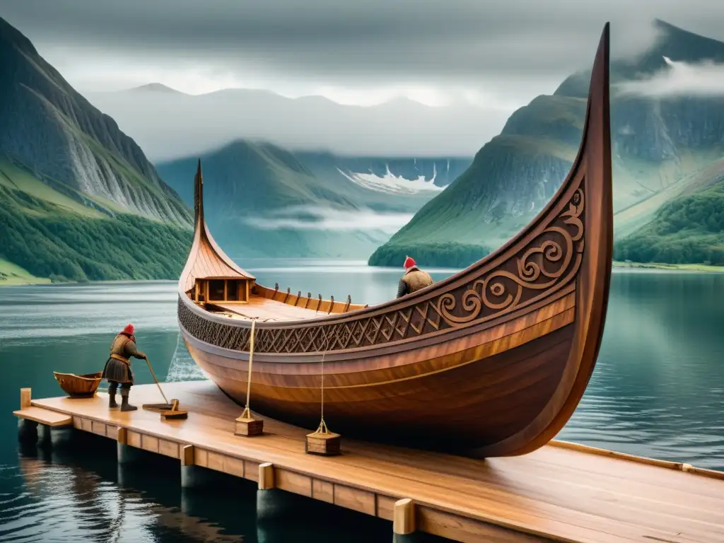 Artesanos construyendo barcos dragón vikingos diseño en paisaje nórdico místico