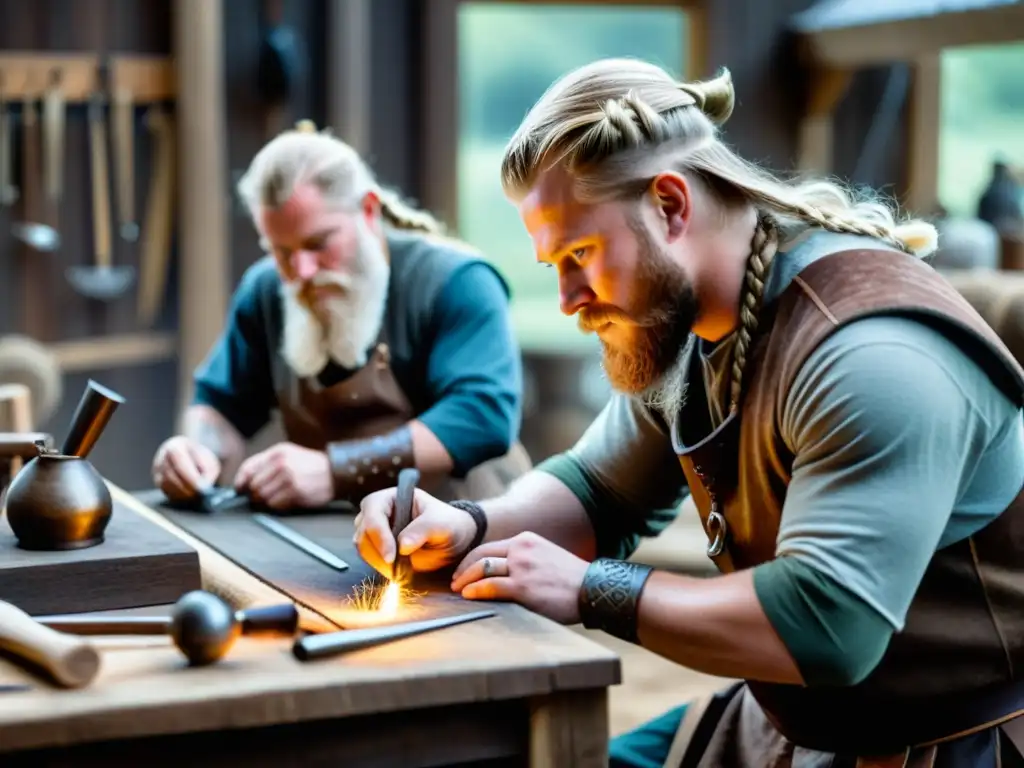 Artesanos de cultura vikinga preservación crean joyas con técnicas tradicionales en taller iluminado por el fuego